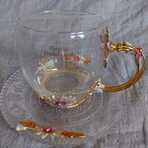 Glass Teacup and Saucer with Gold and Pink Floral Design